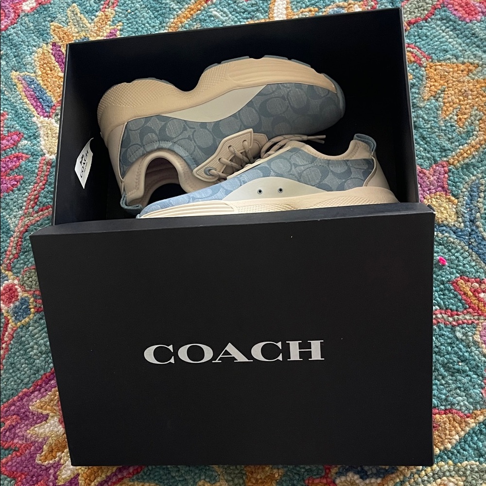 Coach Monogram Low-Top slip on Sneakers in blue and Tan NIB
